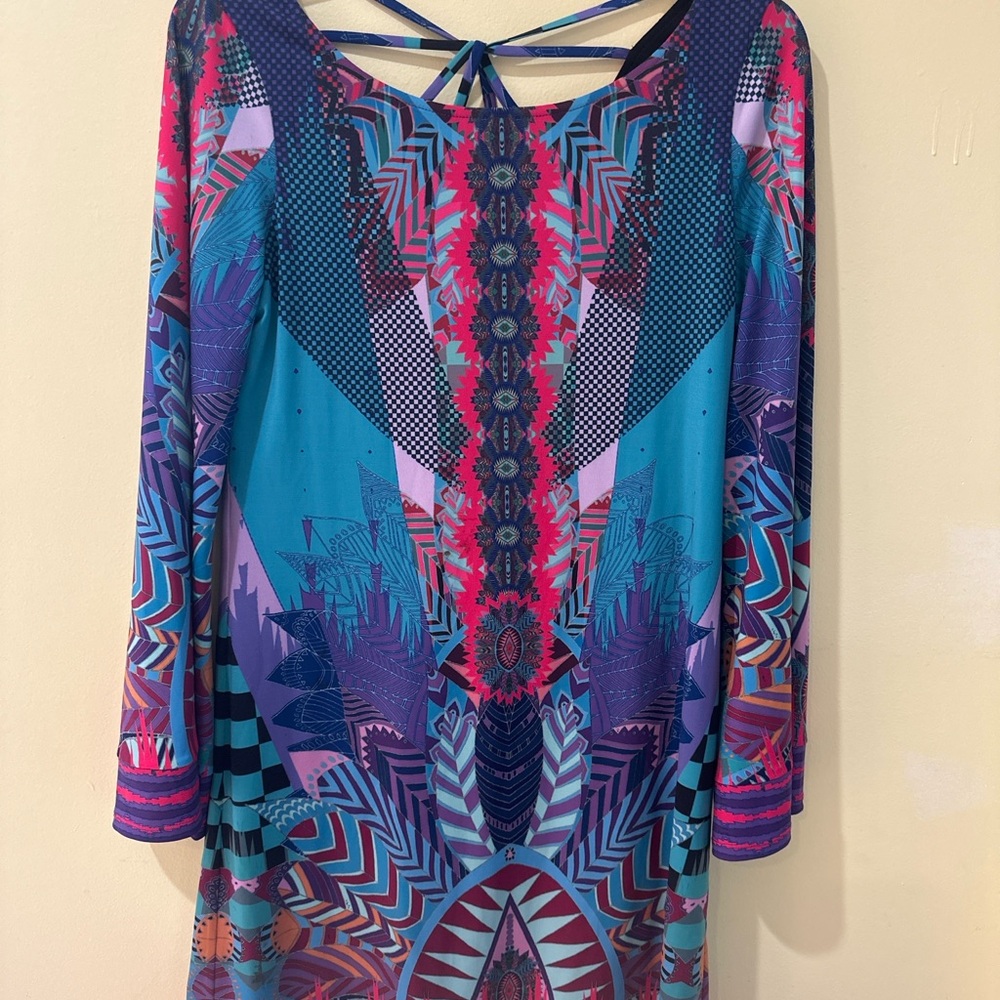 Hale Bob Long Sleeve Printed Tunic Dress | Strappy Back | Size S